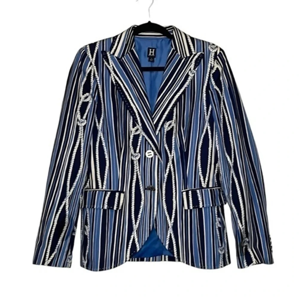 Tommy Hilfiger Blue Beige Women's Nautical Chain Rope Print‎ Blazer Size 10
